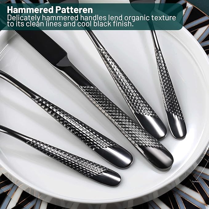 Black Silverware Set, PUREAIN 30 Pieces Black Hammered Flatware Set for 6, Mirror Polished Stainless Steel Cutlery Set for Home, Kitchen, Restaurant and Hotel, Dishwasher Safe