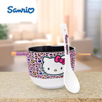 Silver Buffalo Sanrio Hello Kitty Pink Leopard Print Ceramic Ramen Noodle Rice Bowl with Chopsticks and Spoon, Microwave Safe, 20 Ounces