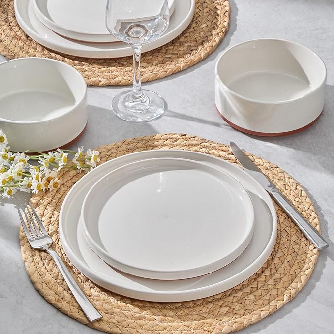 LIANYU Stoneware Dinnerware Sets Service for 6, 18 PCS Plates and Bowls Sets, Handmade Ceramic Dish Set, Highly Chip and Crack Resistant Modern Plate Set, Cloud White