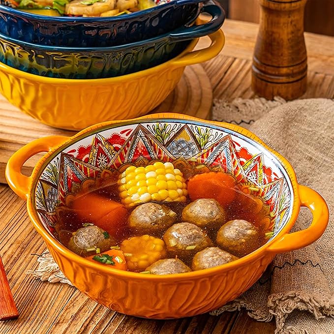2 Pack Boho Ceramic Serving Bowls with Handles, 40 Oz Porcelain Salad Bowls, Large Serving Dishes for Entertaining, Mixing Bowls for Soup, Stew, Pasta, Cereal, Colorful Embossed Cute Bowls Set MLKS