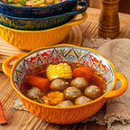 2 Pack Boho Ceramic Serving Bowls with Handles, 40 Oz Porcelain Salad Bowls, Large Serving Dishes for Entertaining, Mixing Bowls for Soup, Stew, Pasta, Cereal, Colorful Embossed Cute Bowls Set HH
