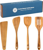 Wooden Kitchen Utensil Set of 4, Natural Wood Spoons and Spatulas, Non Toxic Eco Friendly Durable Wooden Turner and Spatula Set for Cooking. Perfect kitchen cooking utensils.