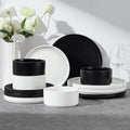 E-far 12-Piece Plates and Bowls Sets, Stoneware Dinnerware Dishes Sets for 4, Chip & Scratch Resistant Ribbed Dish Set for Home Restaurant, Microwave & Dishwasher Safe Speckled White & Matte Black