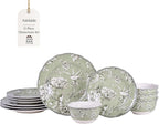 222 Fifth Adelaide Sage 12-Piece Green Porcelain Dinnerware Set – Service for 4, Big Dinner Plates and Bowls Sets, Green with White Floral Pattern, for Daily Entertainment, Microwave & Dishwasher Safe