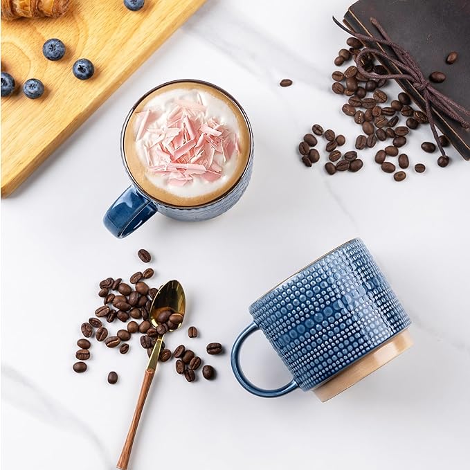 GBhome 16OZ Stackable Coffee Mugs, Ceramic Coffee Mugs with Texture Patterns for Man,Woman,Dad,Mom, Modern Coffee Mugs Set of 4 for Latte/Cappuccino/Cocoa. Dishwasher&Microwave Safe