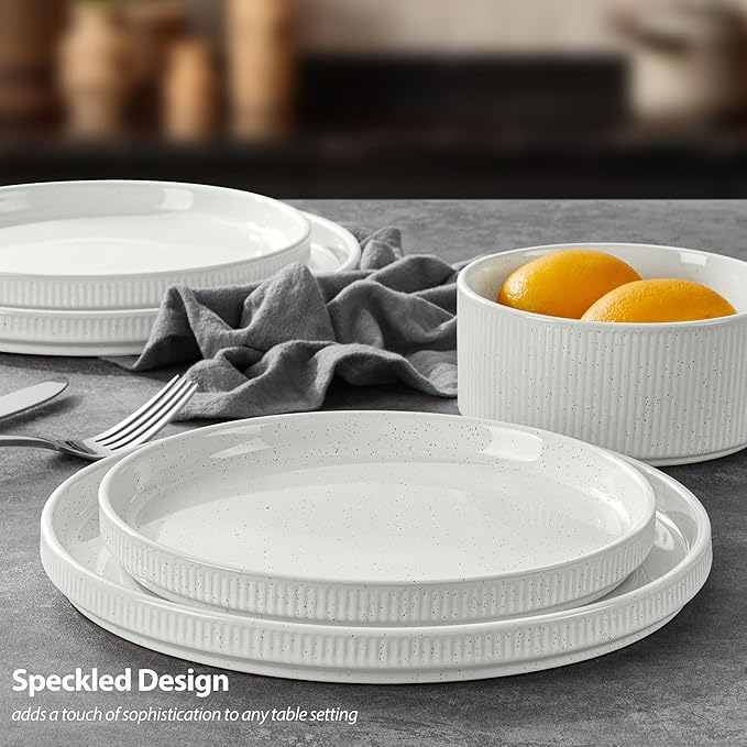 LIANYU Dinnerware Plates and Bowls Dishes Set, 8 Piece Stoneware Sets with Pasta Bowls for 2, Ribbed Ceramic Kitchen Dishware for Home, Microwave and Dishwasher Safe, Speckled White