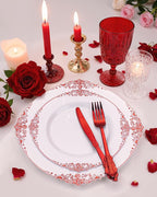 Nervure 350PCS Red Plastic Plates - White Red Plastic Dinnerware Set for 50 Guests - 100 Red Disposable Plates, 50 Pre Rolled Cutlery Set, 50 Cups Perfect for Wedding & Party & Valentine