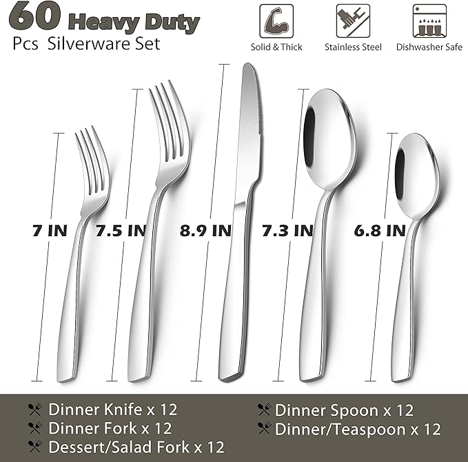 E-far Heavy Duty Silverware Set for 12, 60-Piece Stainless Steel Flatware Cutlery Set, Thick Metal Tableware Eating Utensils Include Forks Spoons Knives, Square Edge & Mirror Polished, Dishwasher Safe