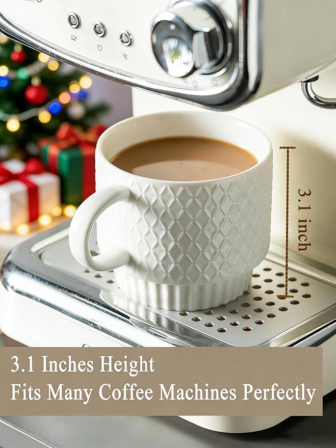 Gomakren Stackable Coffee Mugs Set with Stand, Coffe Cup with Tea Spoon 13 Ounce White Cups for Cappuccino Coffee Drinks Tea, Set of 4, Gift for Man Women 380ml
