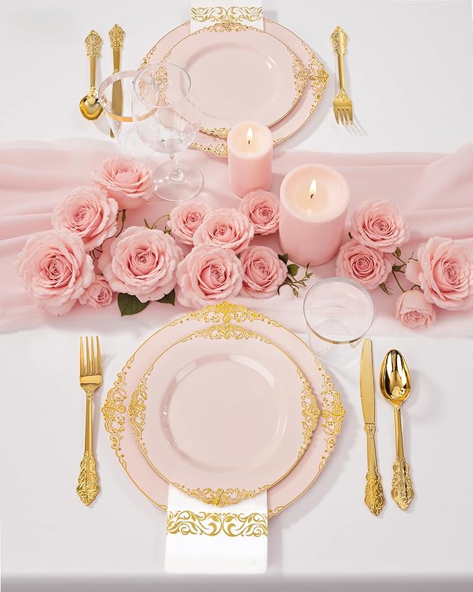 Nervure 350PCS Pink Plastic Plates - Pink Plastic Dinnerware Sets for 50 Guests - 100 Disposable Plates, 150 Gold Silverware, 50 Cups, 50 Napkins Perfect for Wedding & Party & Mother's Day