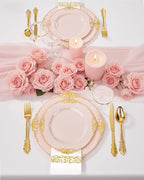 Nervure 350PCS Pink Plastic Plates - Pink Plastic Dinnerware Sets for 50 Guests - 100 Disposable Plates, 150 Gold Silverware, 50 Cups, 50 Napkins Perfect for Wedding & Party & Mother's Day