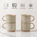 GBhome 6OZ Stackable Coffee Mugs with Stand and Saucer, Ceramic Coffee Mugs Set of 4 with Texture Patterns for Man,Woman,Dad,Mom, Modern Coffee Cups for Latte/Espresso. Dishwasher&Microwave Safe