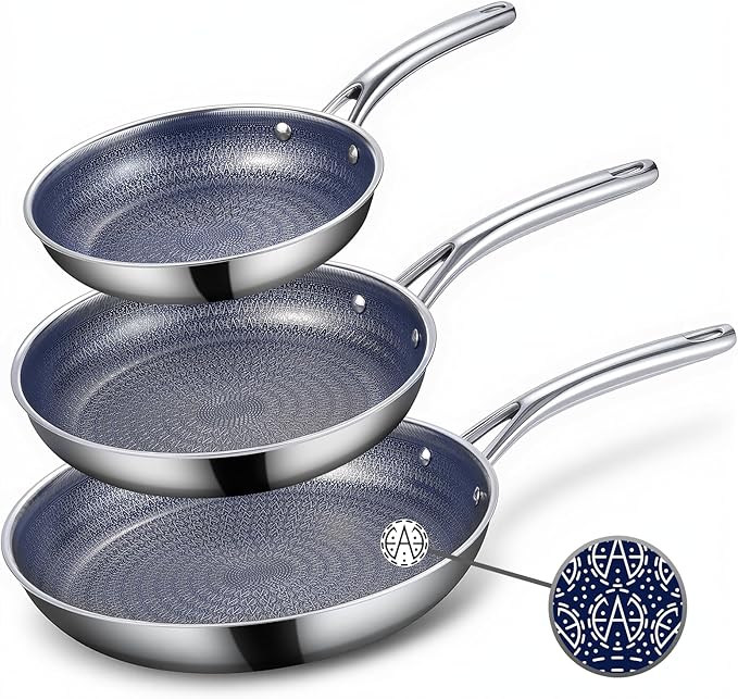 Ammeloo Hybrid Tri-Ply Stainless Steel Frying Pan Set, 8"/9.5"/11" Cooking Pans, Non Stick Frying Pans and Skillets, Chef Pan, Non Toxic, Dishwasher Safe, Induction Compatible, Blue Interior