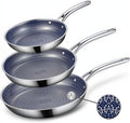 Ammeloo Hybrid Tri-Ply Stainless Steel Frying Pan Set, 8"/9.5"/11" Cooking Pans, Non Stick Frying Pans and Skillets, Chef Pan, Non Toxic, Dishwasher Safe, Induction Compatible, Blue Interior