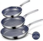 Ammeloo Hybrid Tri-Ply Stainless Steel Frying Pan Set, 8"/9.5"/11" Cooking Pans, Non Stick Frying Pans and Skillets, Chef Pan, Non Toxic, Dishwasher Safe, Induction Compatible, Blue Interior