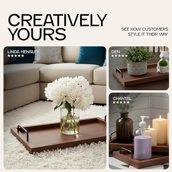 Besti Rustic Vintage Food Serving Trays (Set of 2) | Wooden Board w/Metal Handles | Stylish Farmhouse Decor Serving Platters | Small: 13.5" x 2 x 9.5, Large: 15.9" x 2" x 11.8" (Rustic Dark Brown)
