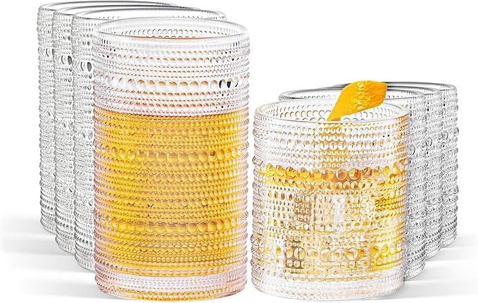 Vintage Hobnail Drinking Glasses Set of 8, 15oz & 12oz Embossed Highball Cups for Cocktails, Whiskey, Beer, Juice with Straws