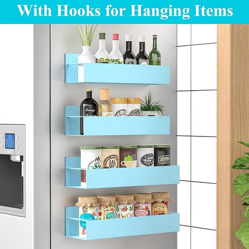 4 Pack Magnetic Spice Storage Rack Organizer for Refrigerator and Oven, Blue Fridge Organizers and Storage