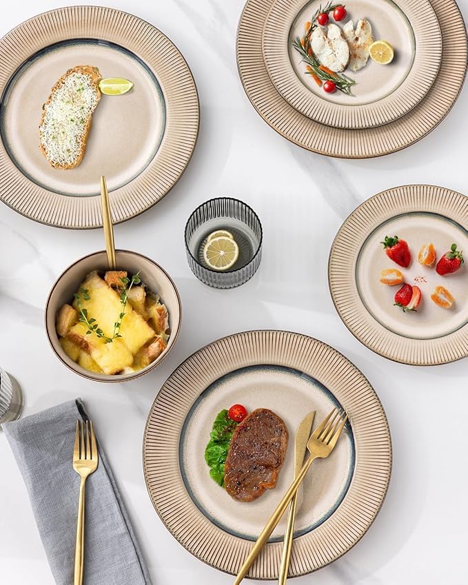GBHOME Ceramic Dinnerware Sets,18 pcs Embossed Elegant Stoneware Plates and Bowls Sets, Housewarming Wedding Gift | Dishwasher & Microwave Safe | Dishes Set Service for 6