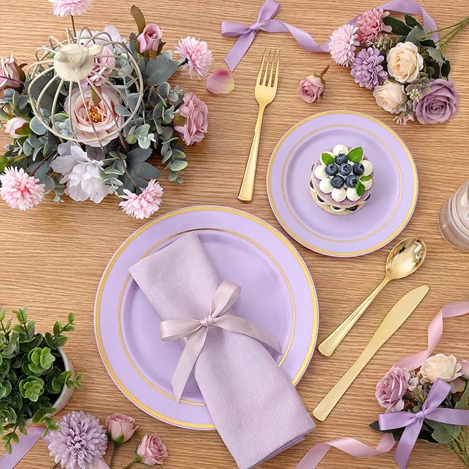 WDF Partyware 350PCS Purple Plates Disposable - Purple Plastic Plates 50Guests Lavender Disposable Dinnerware Sets with Rolled Napkins for Wedding/Birthday/Baby Shower/Mother's Day