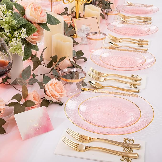 DaYammi 175 Pcs Pink Plastic Plates Dinnerware Set (25 Guests), Pink Disposable Plates, Hammered Party Platos Set Include Dinner Platos, Dessert Plates, Cups, Cutlery for Mother's Day Party