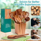 Wooden Spoons for Cooking, Premium Acacia Wood Kitchen Utensil Set, Handmade Wooden Utensils for Nonstick Cookware, Heat Resistant, Smooth Finish, Comfortable Grip, with Holder, Gift Ready