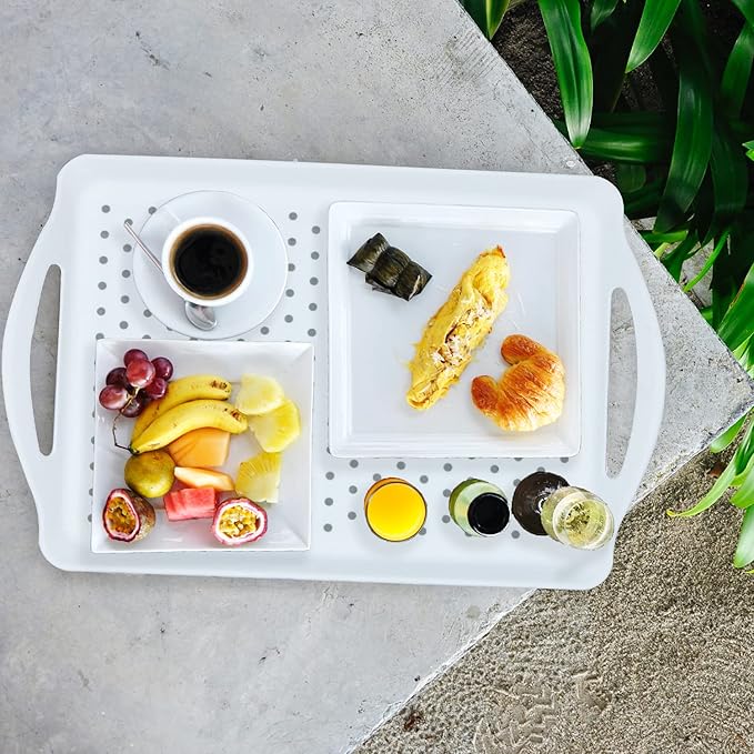 ECOIOU Non Slip Food Serving Tray with Handles, Rectangle Anti-Slip Non-Toxic Dishwasher Safe Tray for Snack Fruit Dessert Breakfast Drink Come with Cleaning Cloths, White