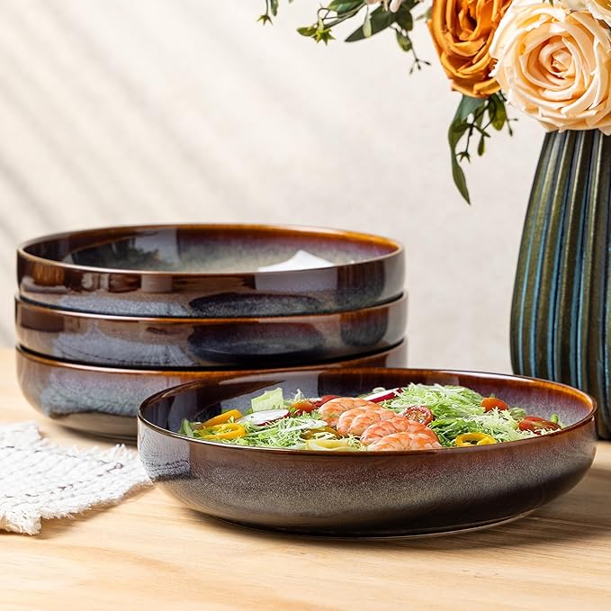 theterra 8.5'' Ceramic Pasta Bowls, Salad Bowls Set of 4, Stoneware Serving Bowls for Fruits, Noodle, Dinner, House-warming Wedding Present, Coca Mocha