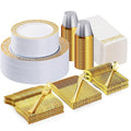 Bestluck 350PCS Gold Plastic Dinnerware Set for 50 Guests, Disposable Plates for Party, Wedding and Dinner, Include 50 Dinner Plates, 50 Dessert Plates, 50 Set Silverware, 50 Cups, 50 Napkins