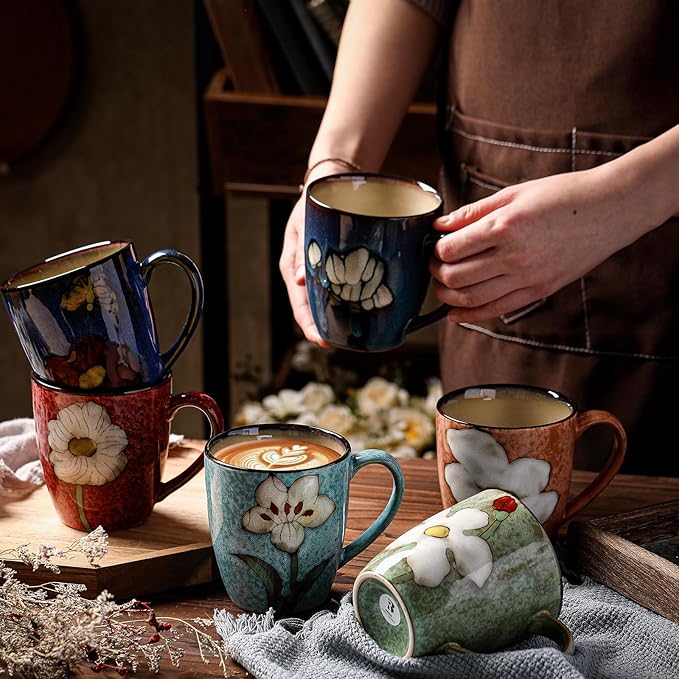 Maxdot 4 Pcs 12oz Ceramic Coffee Mugs Sets Glazing Process Cappuccino Mug Floral Ceramic Tea Cups Mother's Day Idea Gift for Women Mom Porcelain Cup for Coffee, Cocoa, Tea, Latte (Classic)