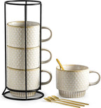 Gomakren Coffee Mugs Set of 4, 13 Ounce Stackable Coffee Mugs with Stand, Ceramic Coffee Cups with Spoon for Coffee, Espresso, Cappuccino, Latte, Cocoa, Tea and Milk, Creamy White