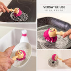 Vigar Dolls April Dish Brush with Ergonomic Handle and Dres-shaped Storage Holder - Scrub Brush for Pans, Pots, Kitchen Sink Cleaning, White, Pink