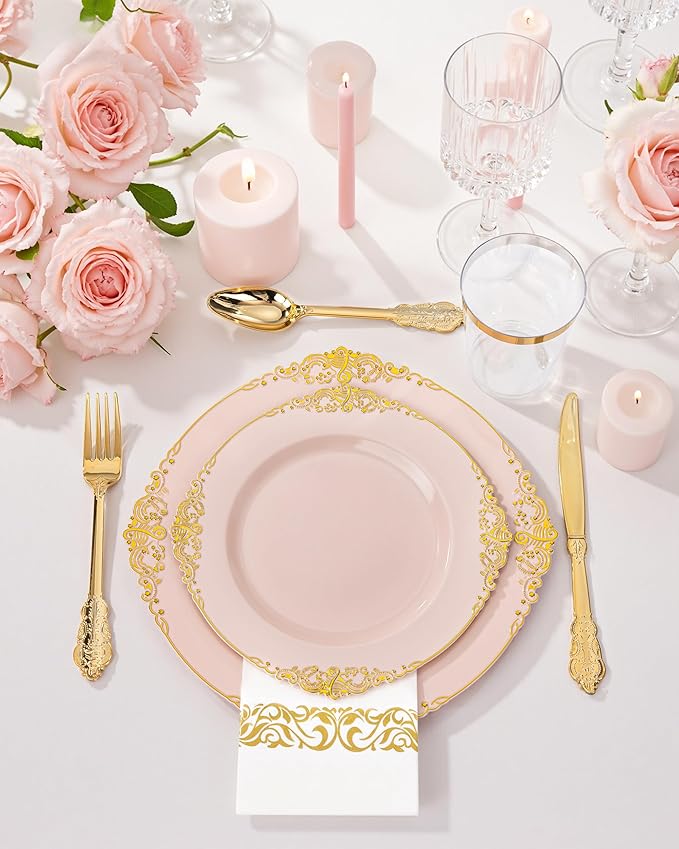 Nervure 350PCS Pink Plastic Plates - Pink Plastic Dinnerware Sets for 50 Guests - 100 Disposable Plates, 150 Gold Silverware, 50 Cups, 50 Napkins Perfect for Wedding & Party & Mother's Day