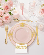Nervure 350PCS Pink Plastic Plates - Pink Plastic Dinnerware Sets for 50 Guests - 100 Disposable Plates, 150 Gold Silverware, 50 Cups, 50 Napkins Perfect for Wedding & Party & Mother's Day