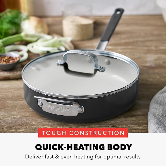 GreenPan x Bobby Flay 4.5QT Nonstick Saute Pan with Glass Lid, PFAS-Free Diamond Ceramic, Induction Suitable, Stay-Cool Silicone Handle, Easy Clean Dishwasher & Oven Safe, Graphite