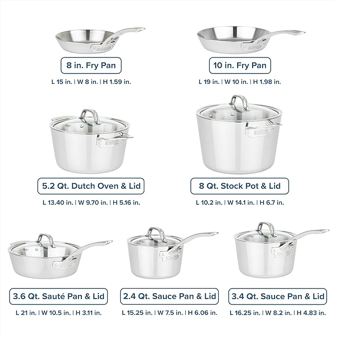 Viking Contemporary 3-Ply Pots and Pans Set, 12 Piece Stainless Steel Kitchen Cookware with Glass Lids, Silver