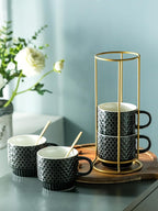 LYEOBOH Stackable Coffee Mugs Set of 4 with Rack & Spoons Coffee Mug Set 13 OZ., Ceramic Embossed Grinding Demitasse Cups Set Cappuccino Cup Halloween for Coffee, Latte, Macchiato, Espresso, Black