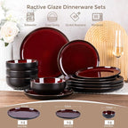 GBHOME Dinnerware Sets for 4, 12 Pieces Stoneware Plates and Bowls Sets, Scratch Resistant Ceramic Dishes, Dishwasher & Microwave Safe, Reactive Glaze-Burgundy