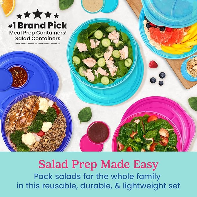 Bentgo Easyboxes Salad-to-Go Containers - 8-Piece Set: 4 Bowls, Leak-Proof Dressing Cups Built-In & 4 Fitted Lids Seal in Freshness; Reusable/BPA-Free for Salad, Pasta, & Cereal (Jewel Brights)