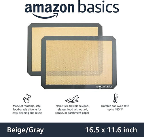 Amazon Basics Silicone Rectangular Baking Mat, Non-Stick, Reusable, Dishwasher Safe, Food Safe, Heat Resistant, 16.5" x 11.6", Beige/Gray, 2-Pack