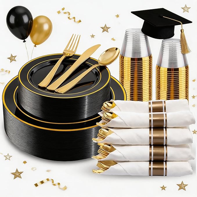 WDF Partyware 175PCS Black and Gold Plates - Black Disposable Plates for Party - 25Guests Disposable Dinnerware Set for Graduation Wedding Party Birthday