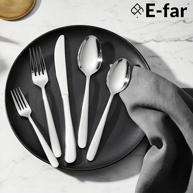 E-far Silverware Set for 8, 40-Piece Heavy Duty Stainless Steel Flatware Cutlery Set - Mirror Polished & Dishwasher Safe, Metal Eating Utensils Includes Spoons and Forks Knives for Home Kitchen