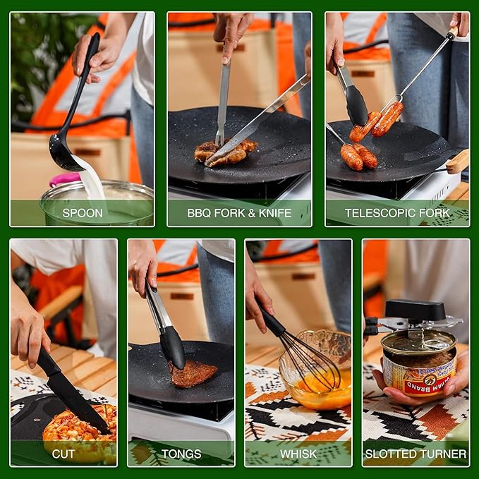 Camping Essentials Cookware Cooking Utensils Set - Portable Camp Kitchen Mess Kit Outdoor Accessories, Stainless Steel & Silicone, Camping Gear Equipment for RV Picnic Grill, Khaki