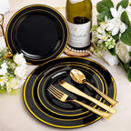 bUCLA 600PCS Black and Gold Disposable Dinnerware Set - Black Plastic Plates Disposable for Party Include 100 Dinner&100 Dessert Plates,100 Knives,100 Forks,100 Spoons,100 Cups for Party & Graduation