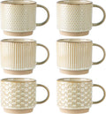 GBhome 12OZ Stackable Coffee Mugs Set of 6, Ceramic Coffee Mugs with Texture Patterns for Man,Woman,Dad,Mom, Modern Coffee Mugs Cups for Latte/Cappuccino/Cocoa. Dishwasher&Microwave Safe, Pale Khaki