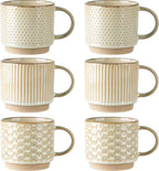 GBhome 12OZ Stackable Coffee Mugs Set of 6, Ceramic Coffee Mugs with Texture Patterns for Man,Woman,Dad,Mom, Modern Coffee Mugs Cups for Latte/Cappuccino/Cocoa. Dishwasher&Microwave Safe, Pale Khaki