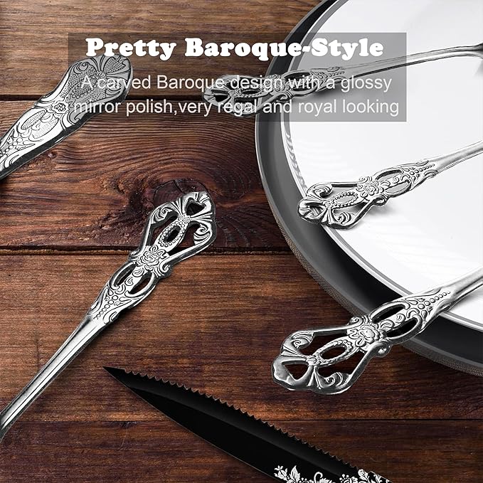 Runfly Retro Royal Silver 48 Pieces Flatware Set, Gorgeous Silver Silverware Set For 8, Anti-rust Stainless Steel dark Cutlery Set Utensils Including Fork Spoon and Knife
