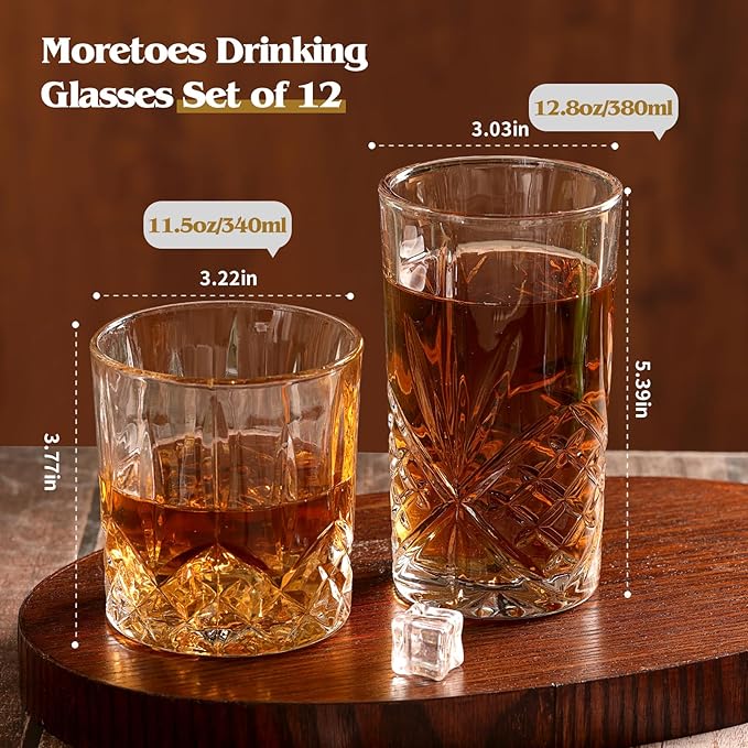 Moretoes Crystal Drinking Glasses Set of 12, Glass Whisky Cups, Mixed Glassware Set, 12 Oz Highball Glasses & 11 Oz Old Fashioned Glasses, Great for Cocktail and Other Beverages