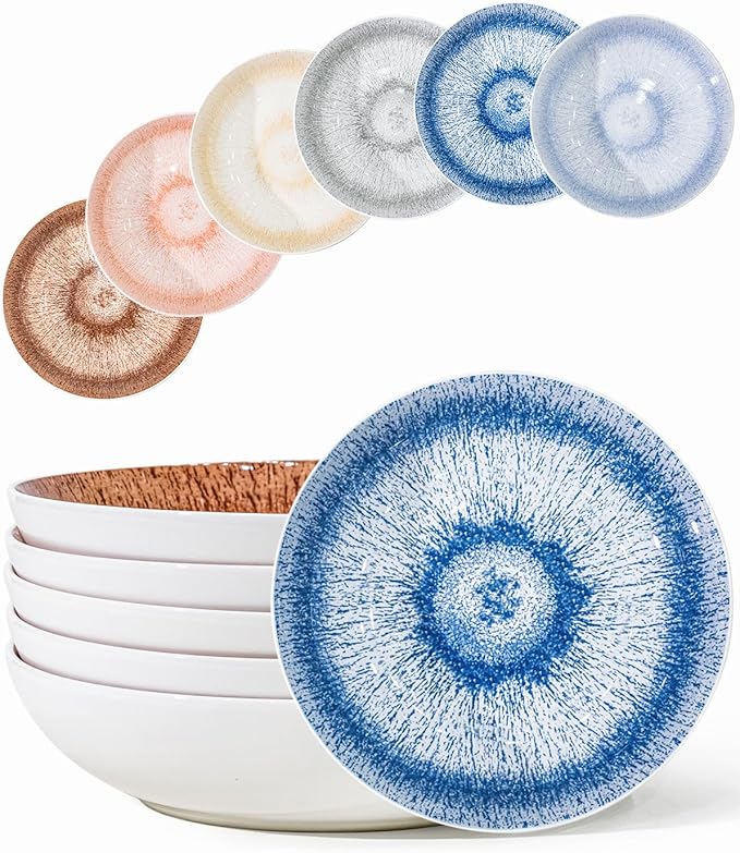 Yeacccng Pasta Bowls Set of 6, 8.7 Inch 39 Oz Colorful Reactive Glaze Ceramic Bowls, Modern Farmhouse Style, Lead-Free Cadmium-Free, Dishwasher Microwave Oven Safe, Scratch-Resistan (6 Colorful)