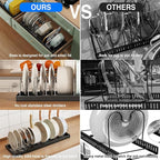 2 Pack Pots and Pans Organizer under Cabinet, 22" Expandable Food Storage Container Lid Organizer with 9 Adjustable Stainless Steel Dividers, ABS Base, Countertop Rack, Black